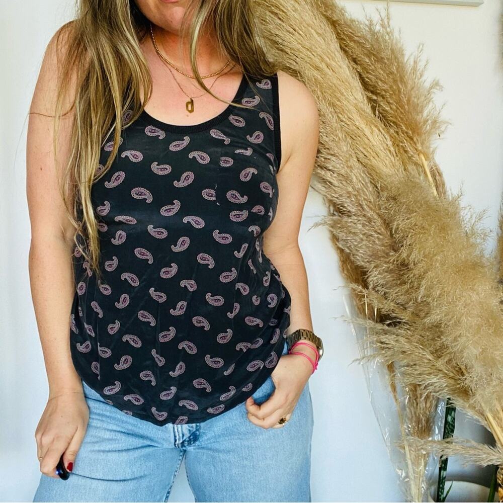 JOIE Black Pink Blue Grey Paisley Print Silk Racerback Tank Top Blouse Shirt S